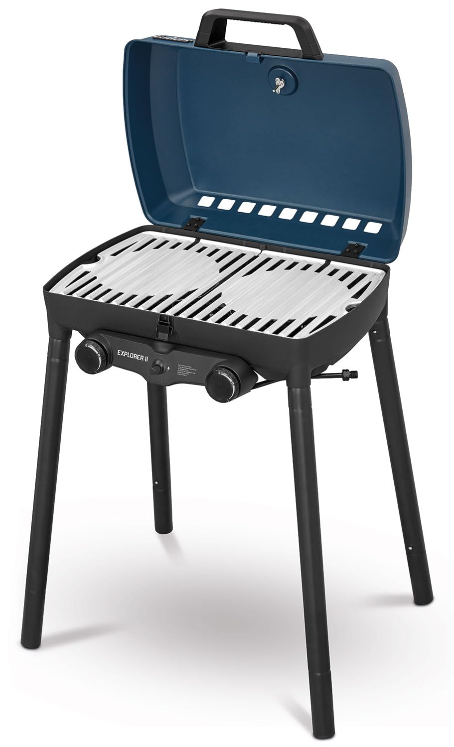 Enders Explorer II Camping Gasgrill – 2 Edelstahl-Brenner, Grill-Thermometer & Aluguss-Grillwanne, Blau