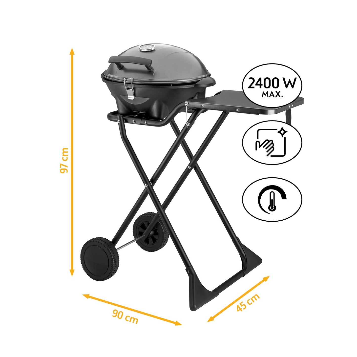 TZS First Austria Elektrogrill 2400W – 2in1 Tischgrill & Standgrill, klappbar mit Deckel, Thermometer & Rollwagen