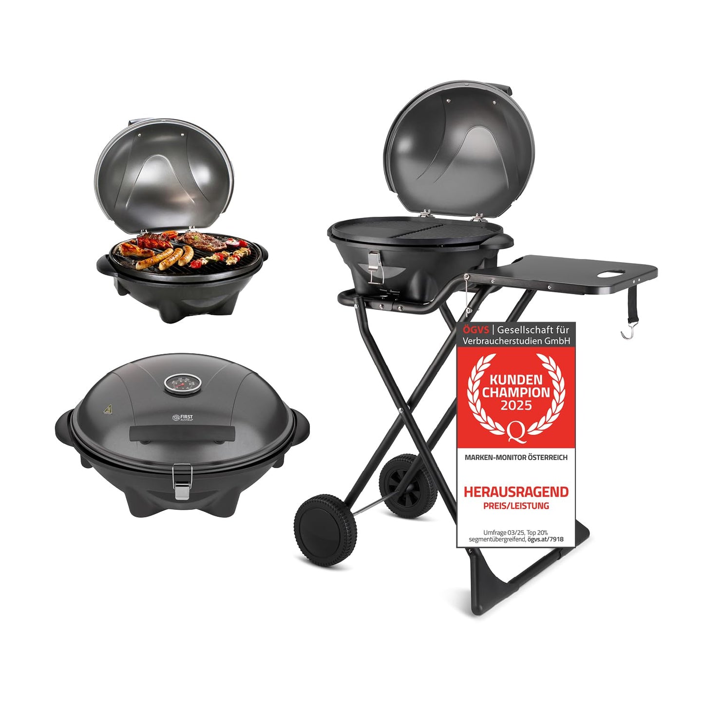 TZS First Austria Elektrogrill 2400W – 2in1 Tischgrill & Standgrill, klappbar mit Deckel, Thermometer & Rollwagen