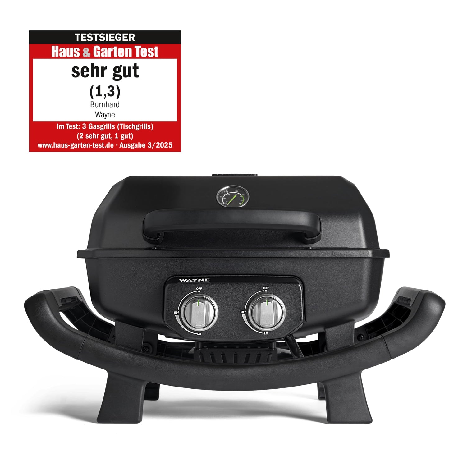 BURNHARD WAYNE Gasgrill – Tragbarer 2-Brenner Tischgrill, 4,4 kW, mit Gusseisenrost & Brennkammer aus Aludruckguss