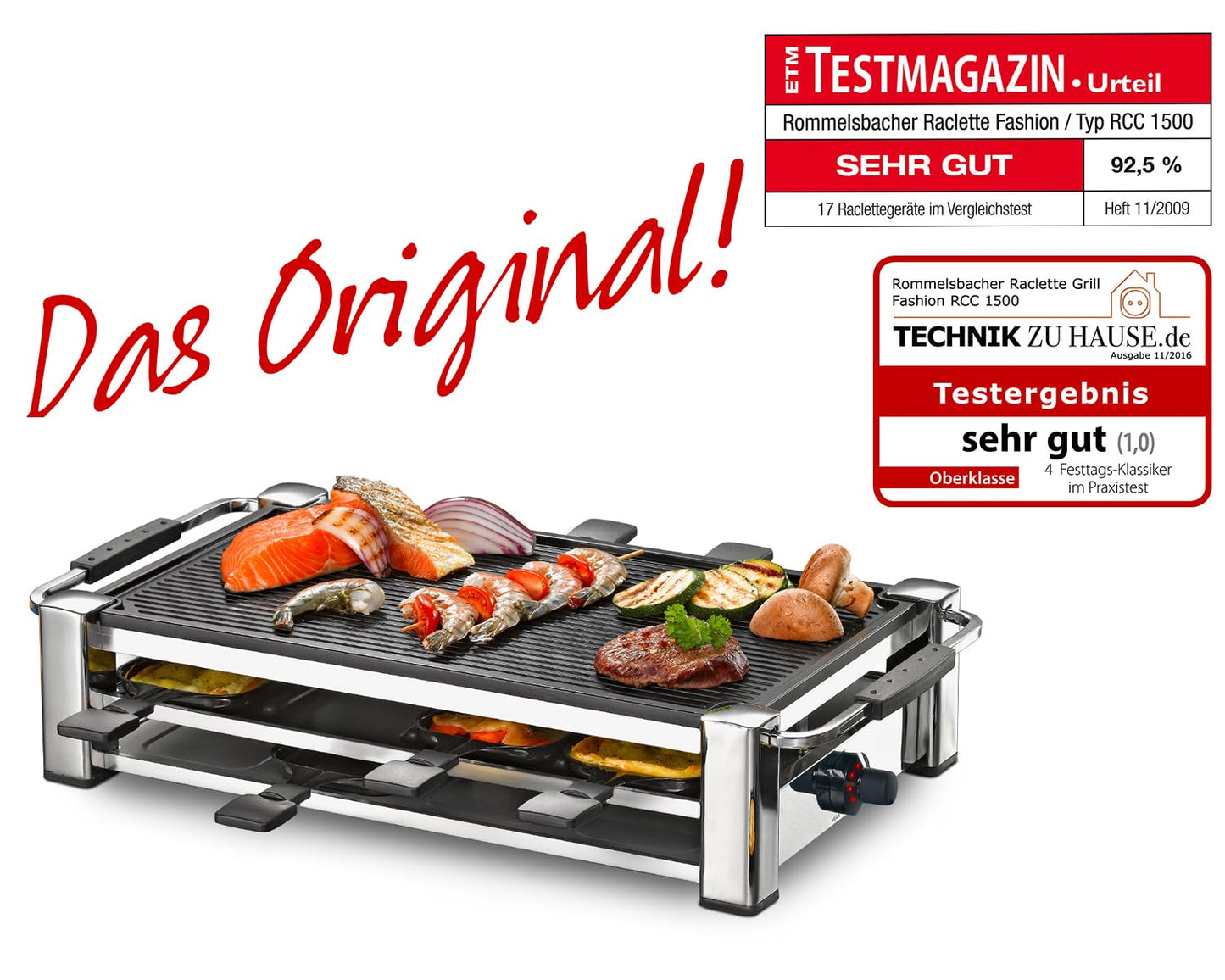 ROMMELSBACHER RCC 1500 Raclette – 1500W Tischgrill für 8 Personen, Antihaft, Parkdeck, 2 m Kabel, Chrom