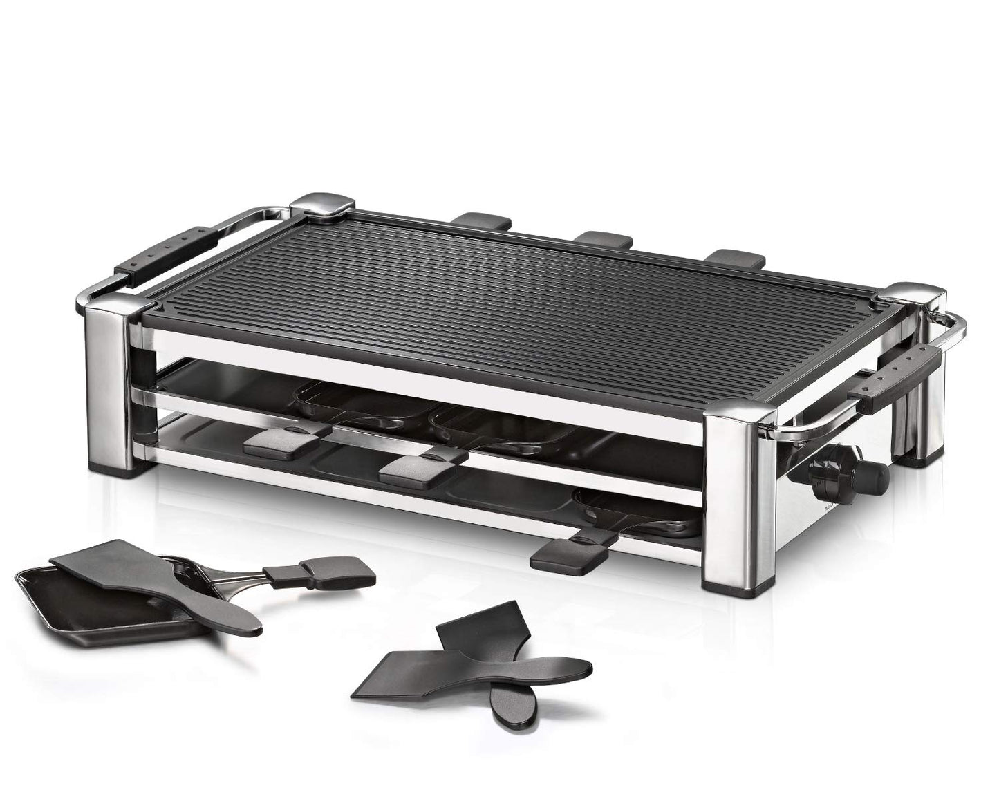 ROMMELSBACHER RCC 1500 Raclette – 1500W Tischgrill für 8 Personen, Antihaft, Parkdeck, 2 m Kabel, Chrom
