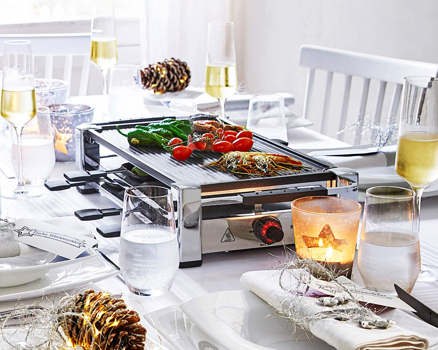 ROMMELSBACHER RCC 1500 Raclette – 1500W Tischgrill für 8 Personen, Antihaft, Parkdeck, 2 m Kabel, Chrom
