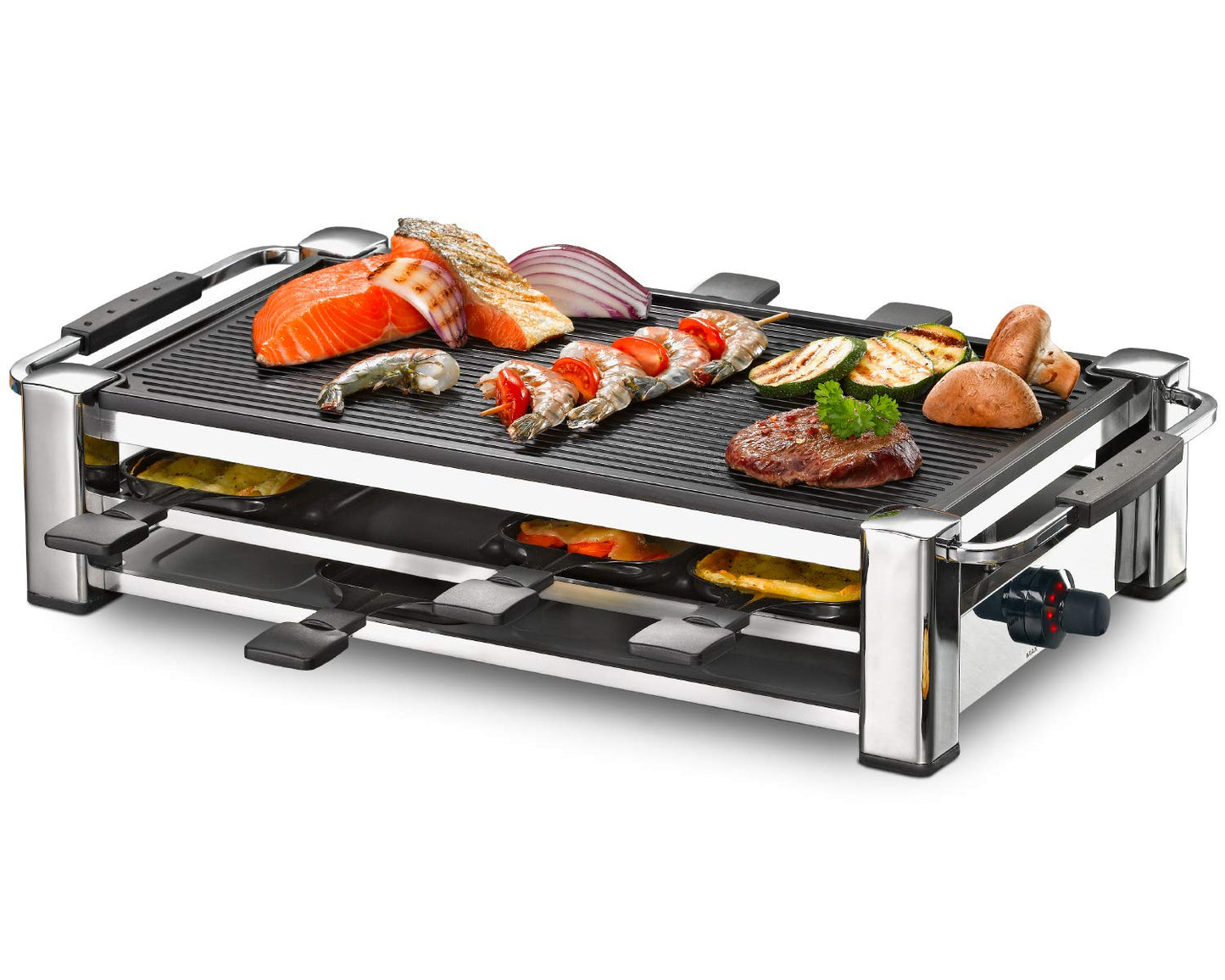 ROMMELSBACHER RCC 1500 Raclette – 1500W Tischgrill für 8 Personen, Antihaft, Parkdeck, 2 m Kabel, Chrom