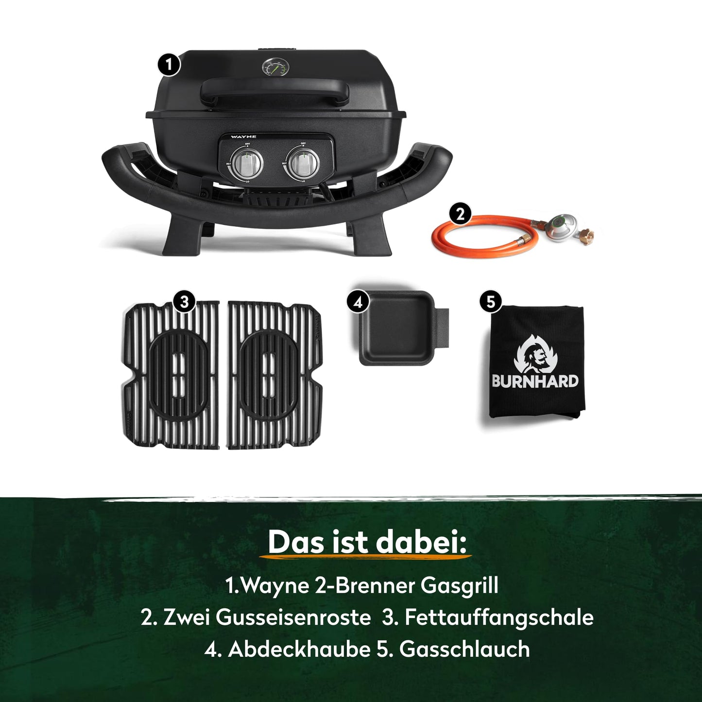 BURNHARD WAYNE Gasgrill – Tragbarer 2-Brenner Tischgrill, 4,4 kW, mit Gusseisenrost & Brennkammer aus Aludruckguss