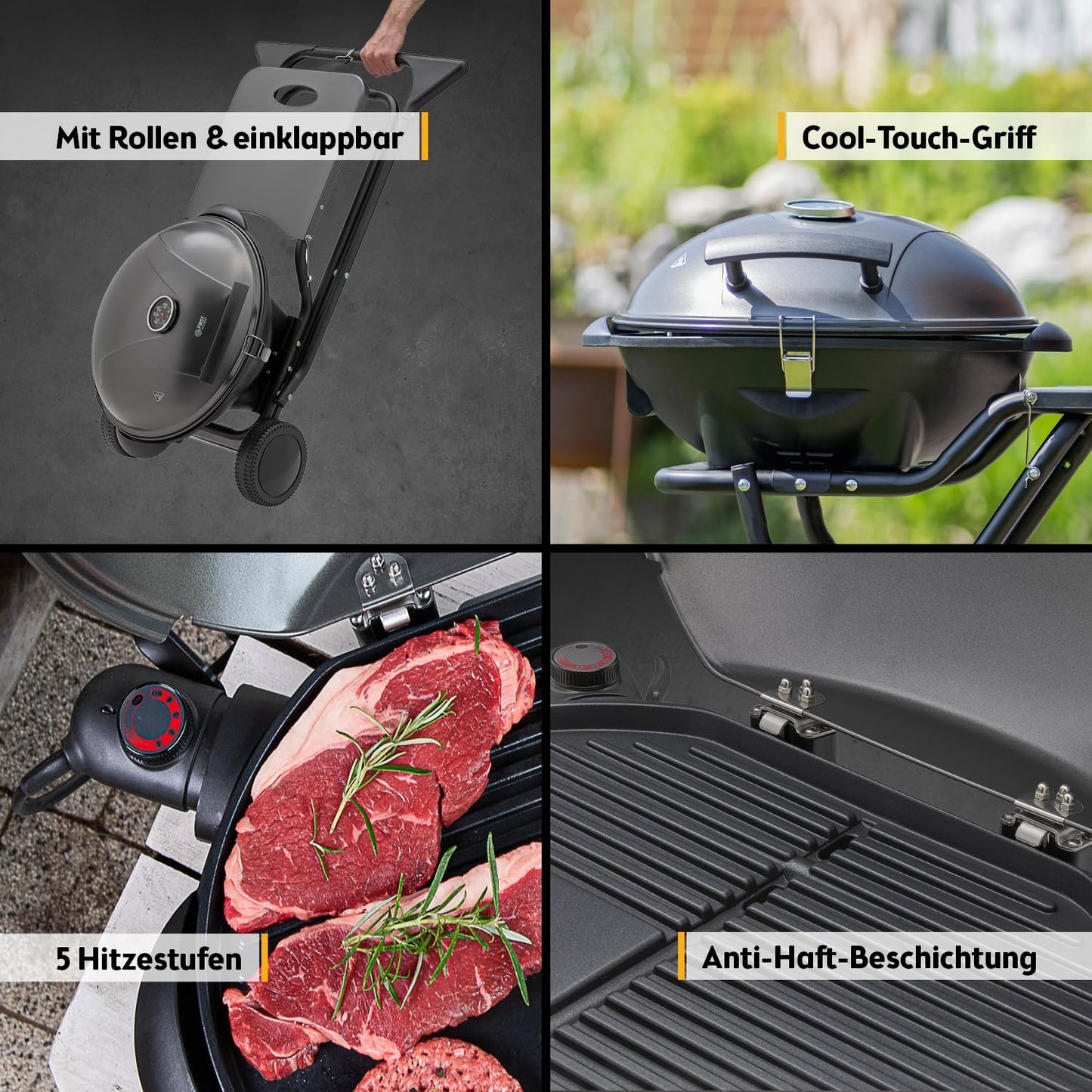 TZS First Austria Elektrogrill 2400W – 2in1 Tischgrill & Standgrill, klappbar mit Deckel, Thermometer & Rollwagen