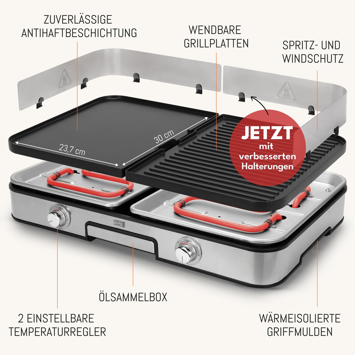 LEBENLANG Elektrogrill 2400W – Tischgrill mit Spritzschutz & Grillzange, Indoor & Balkon-Grill