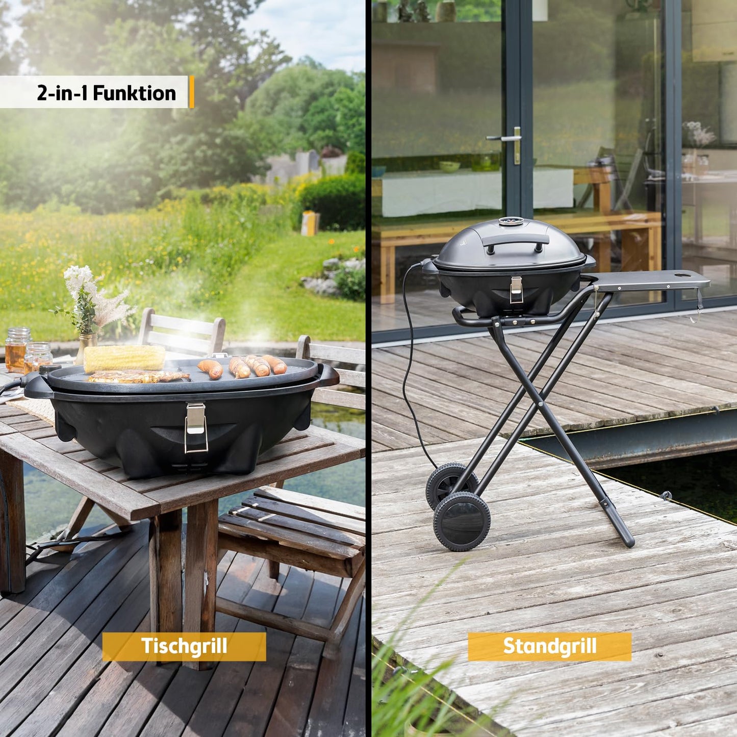 TZS First Austria Elektrogrill 2400W – 2in1 Tischgrill & Standgrill, klappbar mit Deckel, Thermometer & Rollwagen