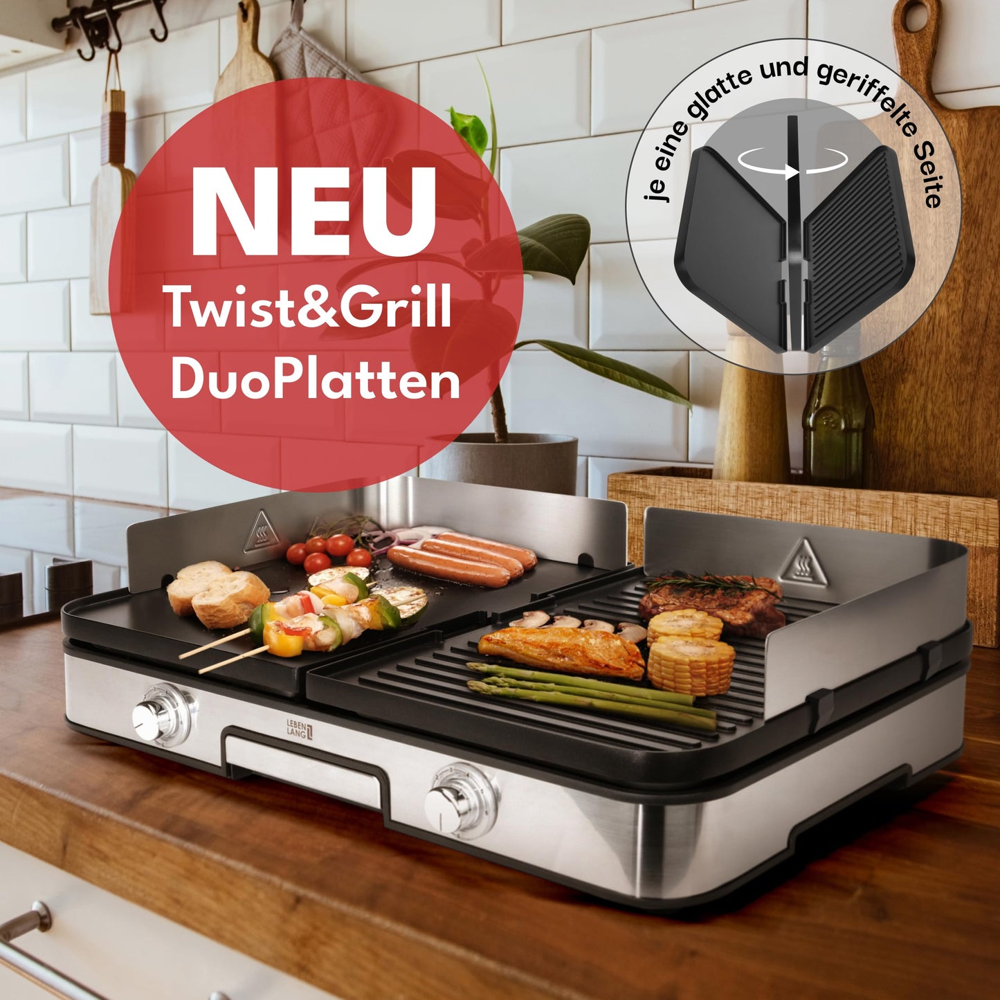 LEBENLANG Elektrogrill 2400W – Tischgrill mit Spritzschutz & Grillzange, Indoor & Balkon-Grill