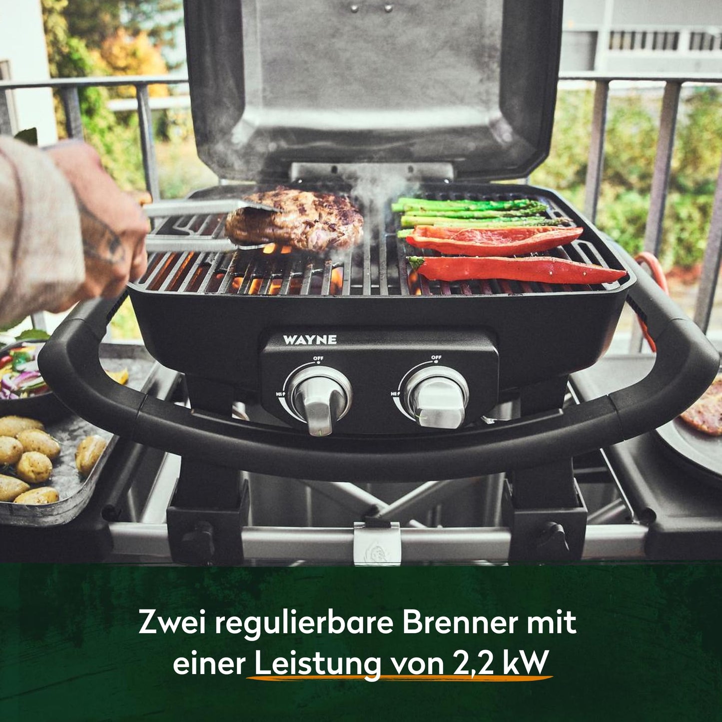 BURNHARD WAYNE Gasgrill – Tragbarer 2-Brenner Tischgrill, 4,4 kW, mit Gusseisenrost & Brennkammer aus Aludruckguss