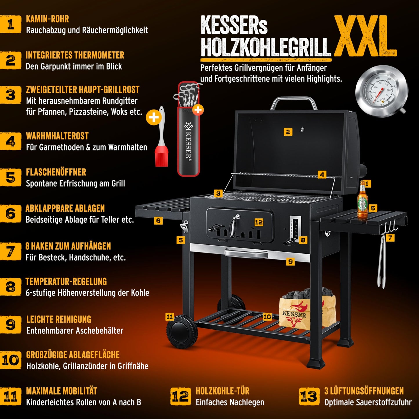 KESSER® Smoker XXL Holzkohlegrill – BBQ Grillwagen mit Deckel, Grillrost, Rädern, Thermometer & Zubehör