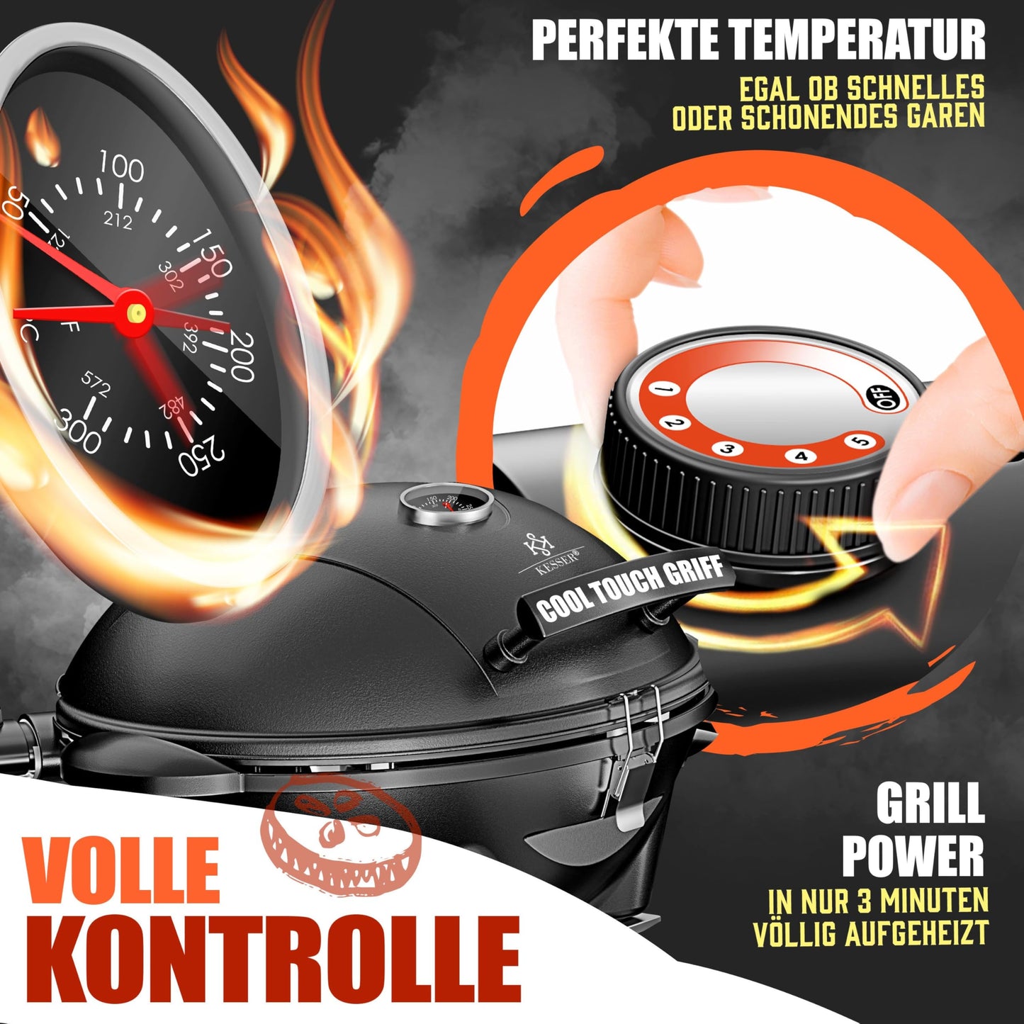KESSER® Elektrogrill 2400W – 2in1 Tisch- & Standgrill, klappbar, mit Thermostat, Abstelltischen & Rädern