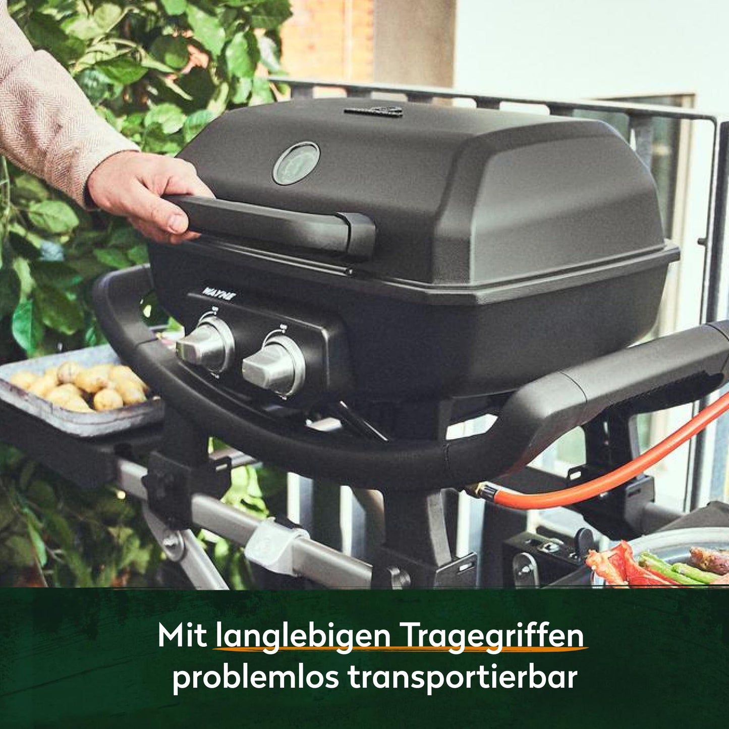 BURNHARD WAYNE Gasgrill – Tragbarer 2-Brenner Tischgrill, 4,4 kW, mit Gusseisenrost & Brennkammer aus Aludruckguss