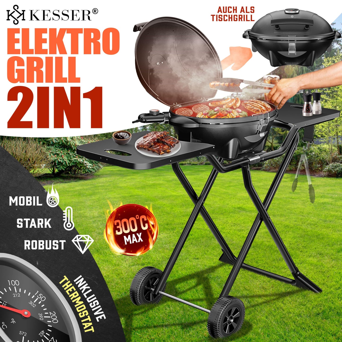 KESSER® Elektrogrill 2400W – 2in1 Tisch- & Standgrill, klappbar, mit Thermostat, Abstelltischen & Rädern