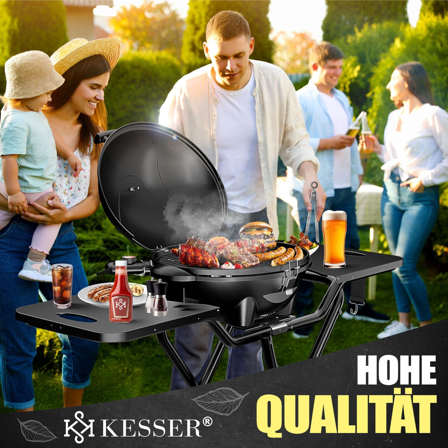 KESSER® Elektrogrill 2400W – 2in1 Tisch- & Standgrill, klappbar, mit Thermostat, Abstelltischen & Rädern