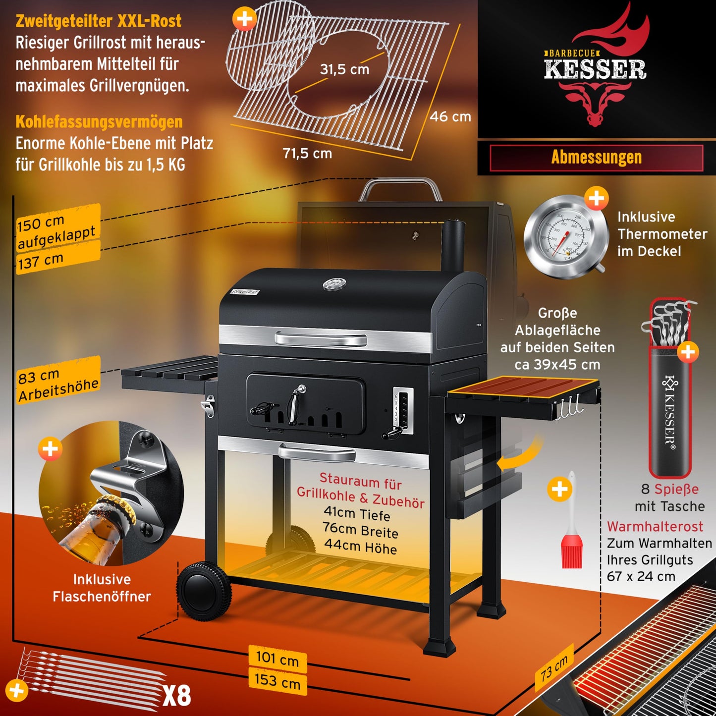 KESSER® Smoker XXL Holzkohlegrill – BBQ Grillwagen mit Deckel, Grillrost, Rädern, Thermometer & Zubehör