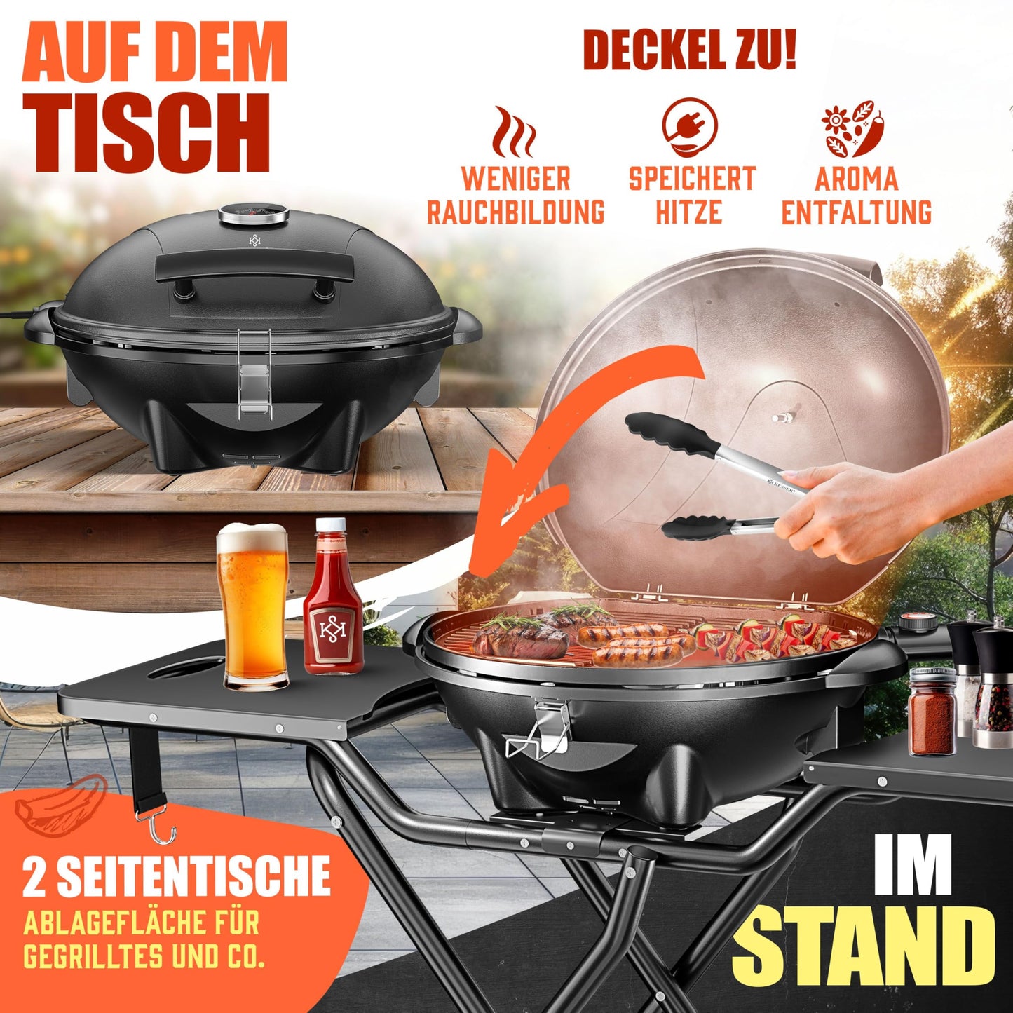 KESSER® Elektrogrill 2400W – 2in1 Tisch- & Standgrill, klappbar, mit Thermostat, Abstelltischen & Rädern