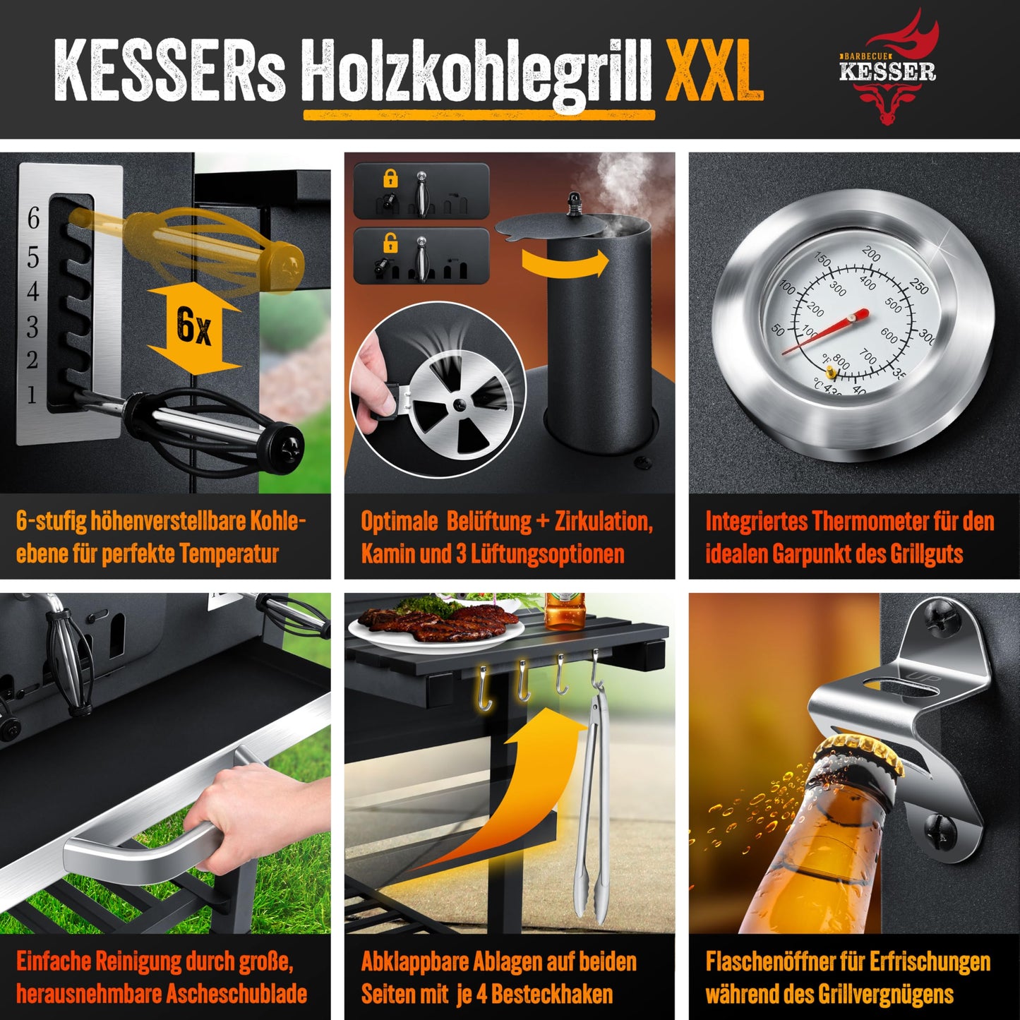 KESSER® Smoker XXL Holzkohlegrill – BBQ Grillwagen mit Deckel, Grillrost, Rädern, Thermometer & Zubehör