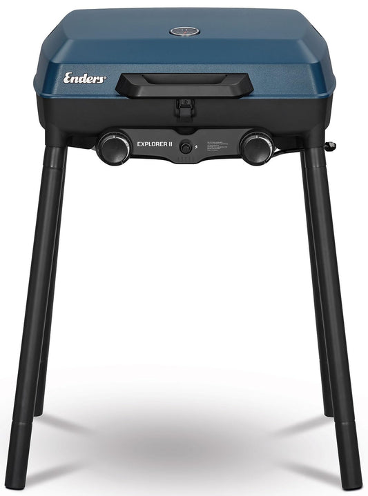 Enders Explorer II Camping Gasgrill – 2 Edelstahl-Brenner, Grill-Thermometer & Aluguss-Grillwanne, Blau