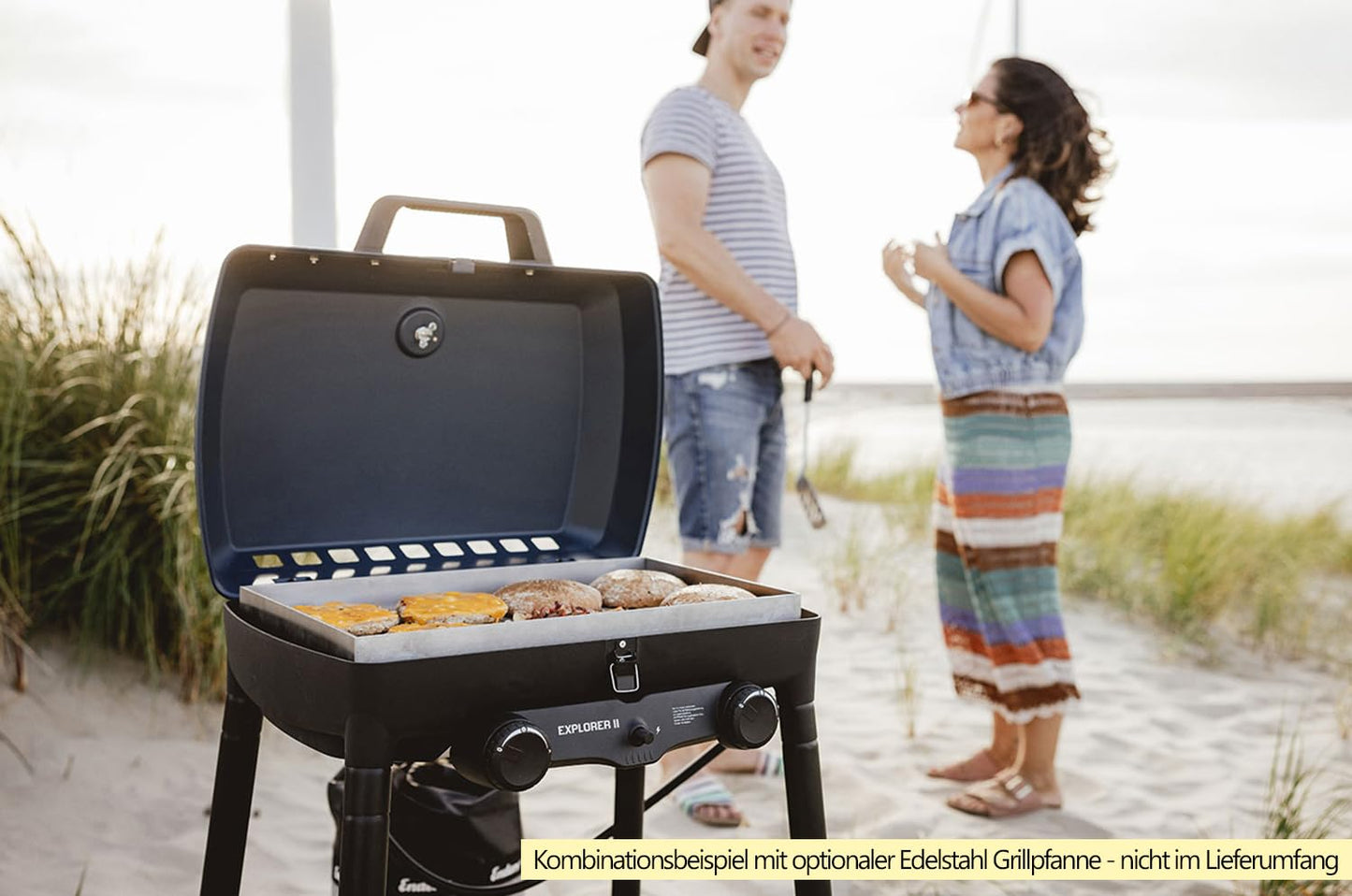 Enders Explorer II Camping Gasgrill – 2 Edelstahl-Brenner, Grill-Thermometer & Aluguss-Grillwanne, Blau