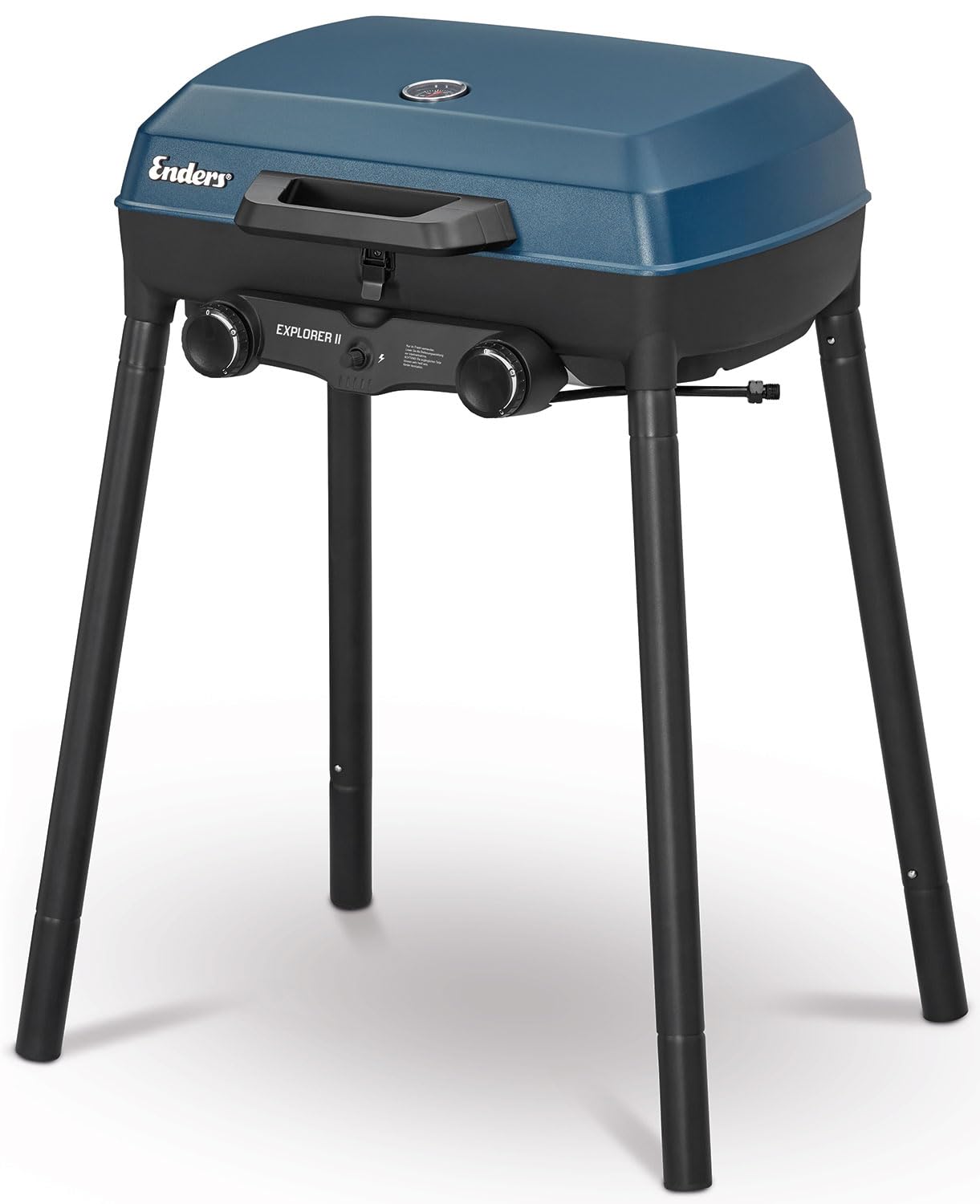 Enders Explorer II Camping Gasgrill – 2 Edelstahl-Brenner, Grill-Thermometer & Aluguss-Grillwanne, Blau