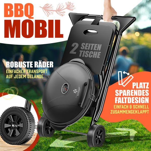 KESSER® Elektrogrill 2400W – 2in1 Tisch- & Standgrill, klappbar, mit Thermostat, Abstelltischen & Rädern