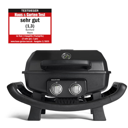 BURNHARD WAYNE Gasgrill – Tragbarer 2-Brenner Tischgrill, 4,4 kW, mit Gusseisenrost & Brennkammer aus Aludruckguss