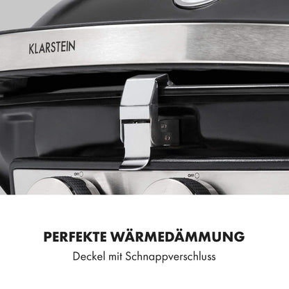 Klarstein Parforce Duo Gasgrill – 2 Edelstahl-Brenner, 4,4 kW, 300°C, 50x39 cm Grillfläche, Schwarz