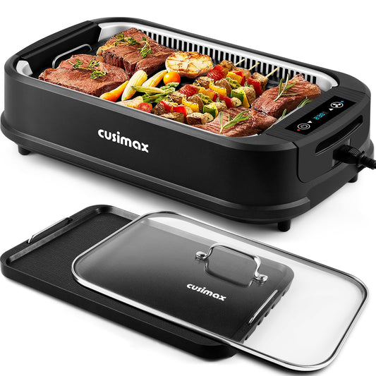 CUSIMAX Tischgrill 1500W – Elektrogrill mit Deckel, Antihaft Grill- & Griddleplatte, Thermostat, Indoor rauchfrei
