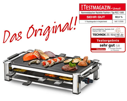 ROMMELSBACHER RCC 1500 Raclette – 1500W Tischgrill für 8 Personen, Antihaft, Parkdeck, 2 m Kabel, Chrom