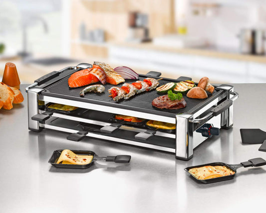 ROMMELSBACHER RCC 1500 Raclette – 1500W Tischgrill für 8 Personen, Antihaft, Parkdeck, 2 m Kabel, Chrom