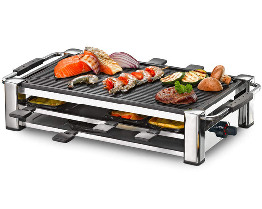 ROMMELSBACHER RCC 1500 Raclette – 1500W Tischgrill für 8 Personen, Antihaft, Parkdeck, 2 m Kabel, Chrom
