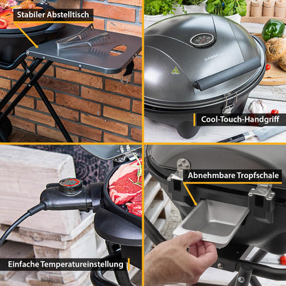 TZS First Austria Elektrogrill 2400W – 2in1 Tischgrill & Standgrill, klappbar mit Deckel, Thermometer & Rollwagen
