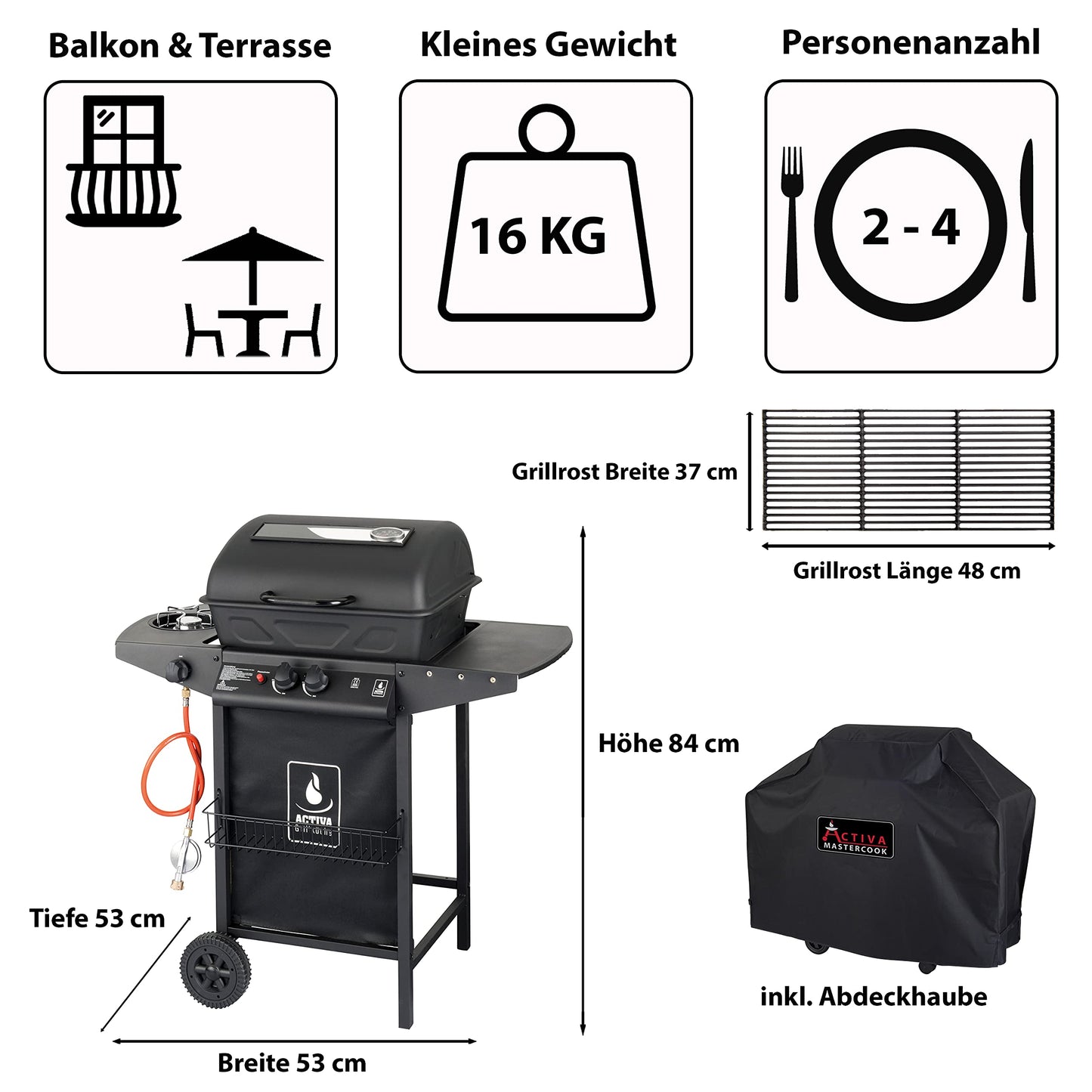 ACTIVA Halifax Gasgrill – Premium Lavastein BBQ mit Abdeckhaube, 5,5 kW stufenlos regelbarer Brenner