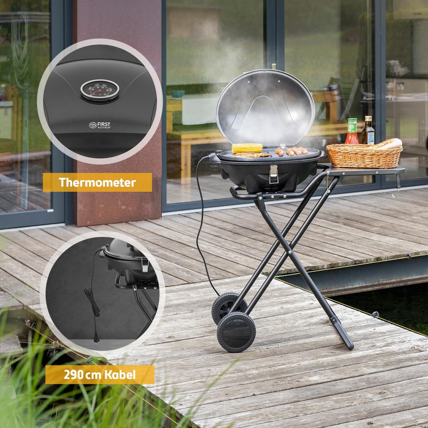 TZS First Austria Elektrogrill 2400W – 2in1 Tischgrill & Standgrill, klappbar mit Deckel, Thermometer & Rollwagen