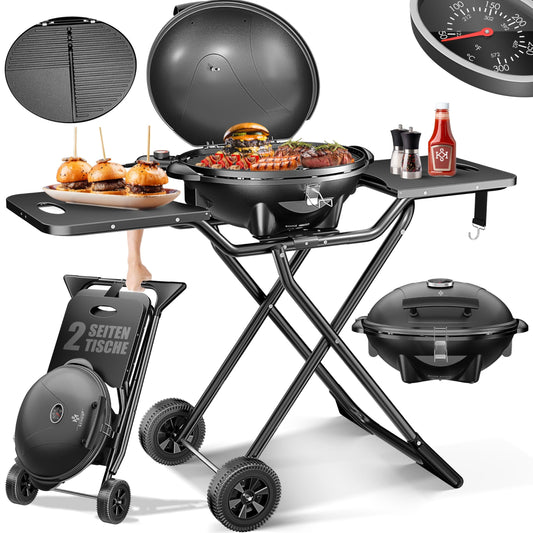 KESSER® Elektrogrill 2400W – 2in1 Tisch- & Standgrill, klappbar, mit Thermostat, Abstelltischen & Rädern