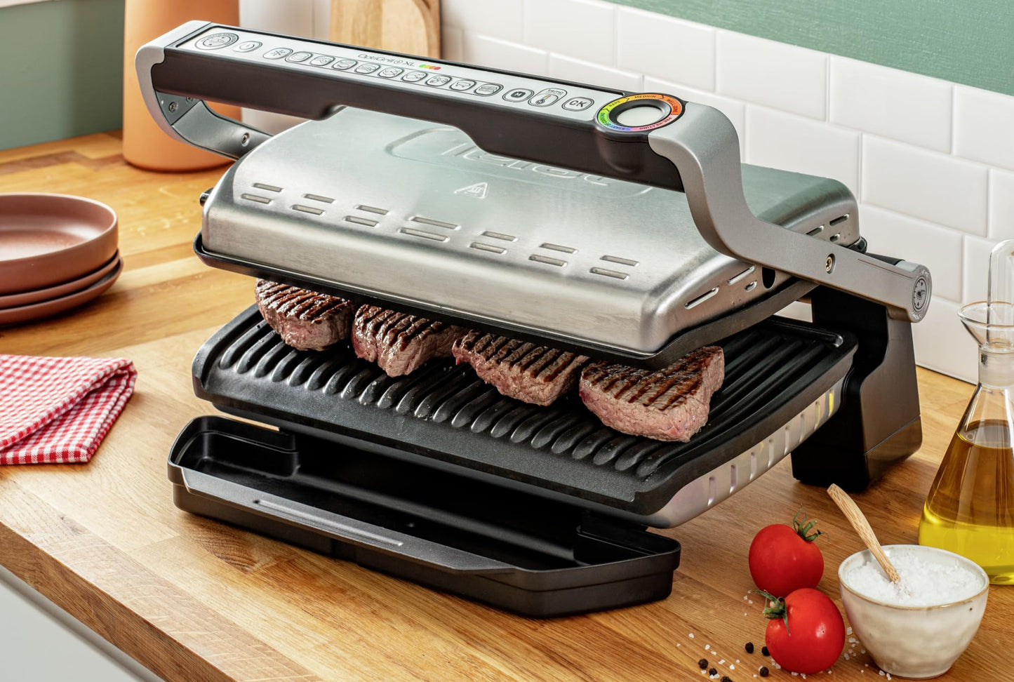 Tefal OptiGrill+ XL – Elektro-Kontaktgrill GC722D16, 9 Programme, abnehmbare XL-Platten, Edelstahl