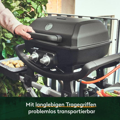 BURNHARD WAYNE Gasgrill – Tragbarer 2-Brenner Tischgrill, 4,4 kW, mit Gusseisenrost & Brennkammer aus Aludruckguss