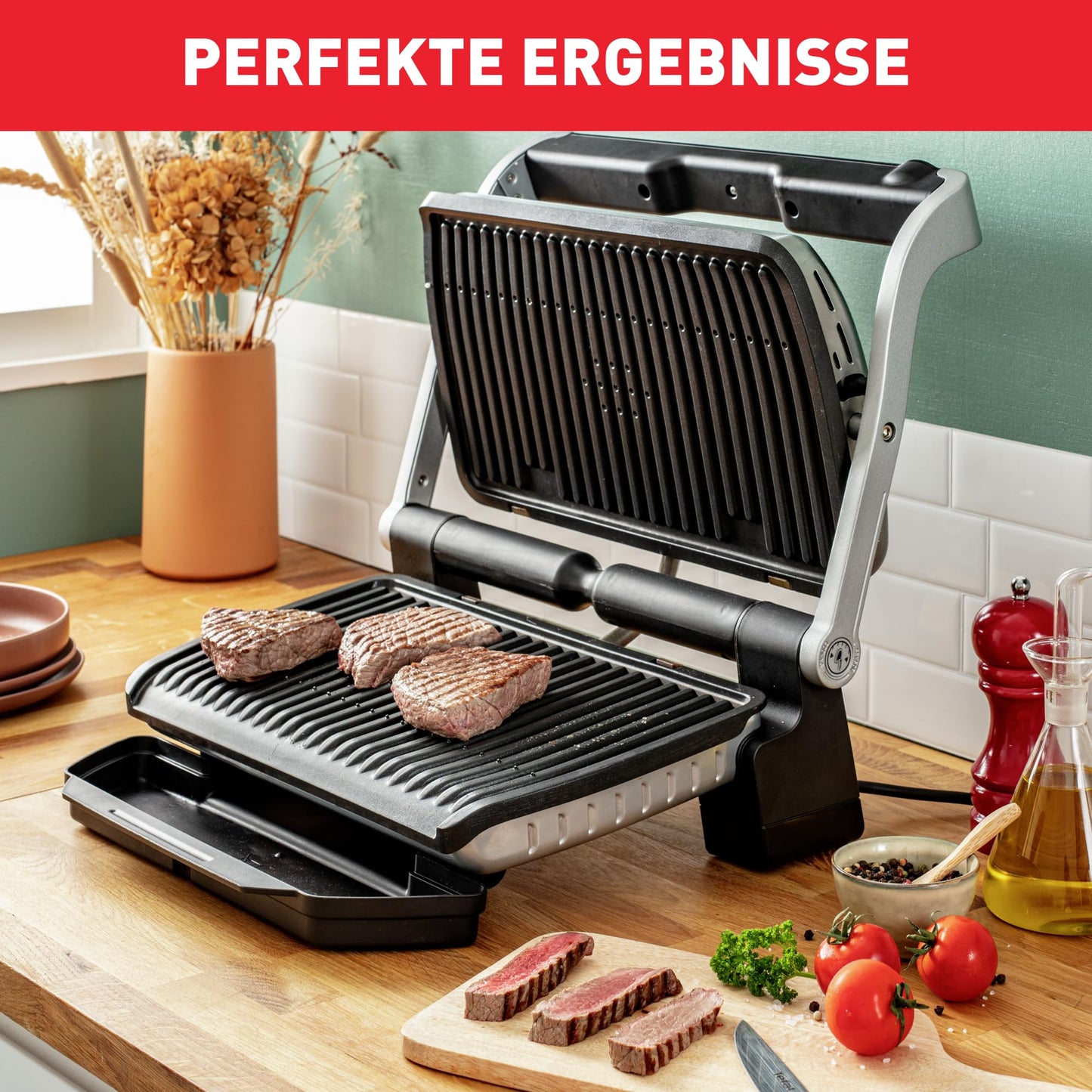 Tefal OptiGrill+ XL – Elektro-Kontaktgrill GC722D16, 9 Programme, abnehmbare XL-Platten, Edelstahl