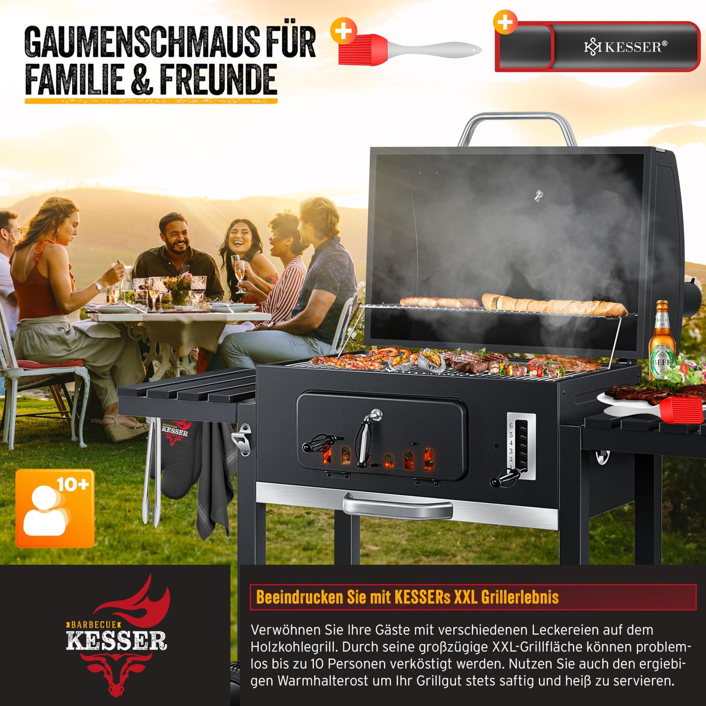 KESSER® Smoker XXL Holzkohlegrill – BBQ Grillwagen mit Deckel, Grillrost, Rädern, Thermometer & Zubehör