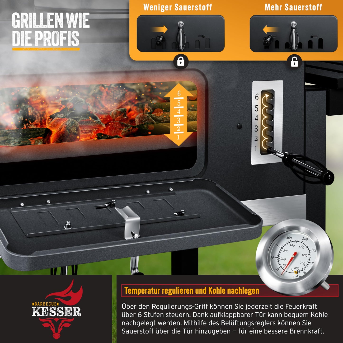 KESSER® Smoker XXL Holzkohlegrill – BBQ Grillwagen mit Deckel, Grillrost, Rädern, Thermometer & Zubehör