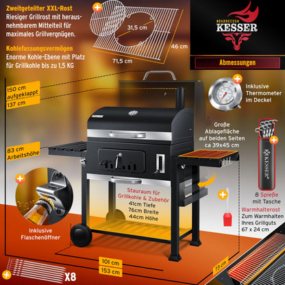 KESSER® Smoker XXL Holzkohlegrill – BBQ Grillwagen mit Deckel, Grillrost, Rädern, Thermometer & Zubehör