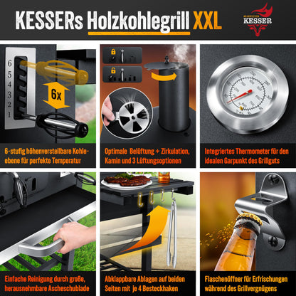 KESSER® Smoker XXL Holzkohlegrill – BBQ Grillwagen mit Deckel, Grillrost, Rädern, Thermometer & Zubehör