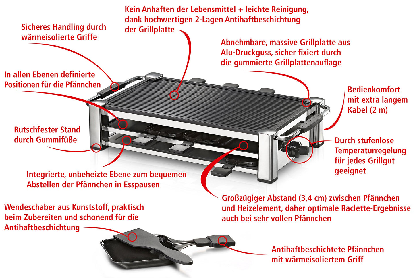 ROMMELSBACHER RCC 1500 Raclette – 1500W Tischgrill für 8 Personen, Antihaft, Parkdeck, 2 m Kabel, Chrom