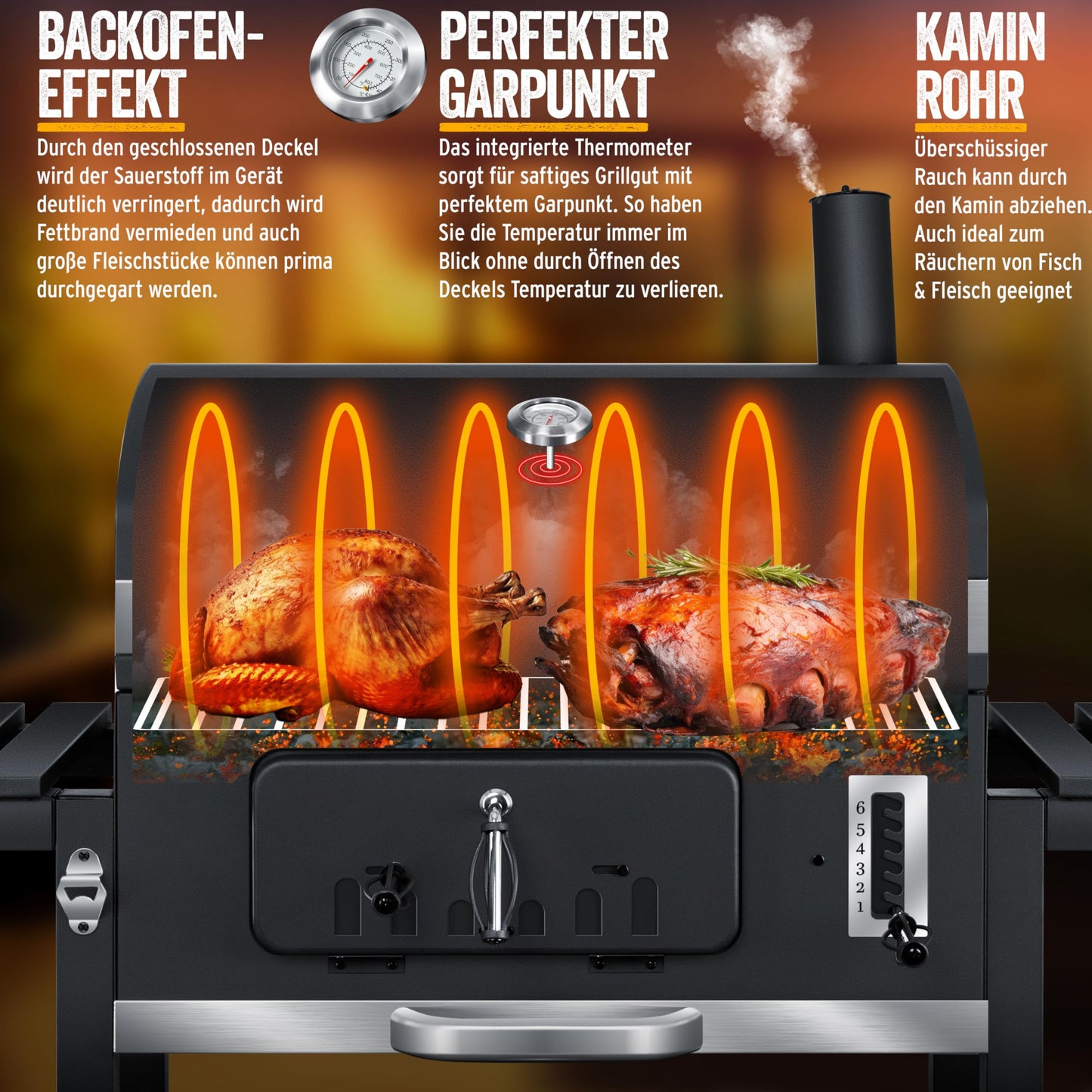 KESSER® Smoker XXL Holzkohlegrill – BBQ Grillwagen mit Deckel, Grillrost, Rädern, Thermometer & Zubehör