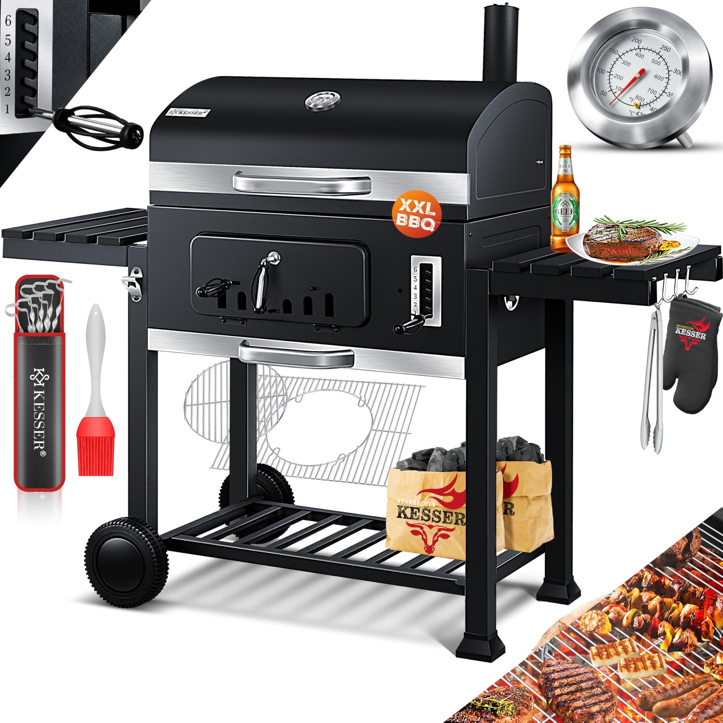 KESSER® Smoker XXL Holzkohlegrill – BBQ Grillwagen mit Deckel, Grillrost, Rädern, Thermometer & Zubehör