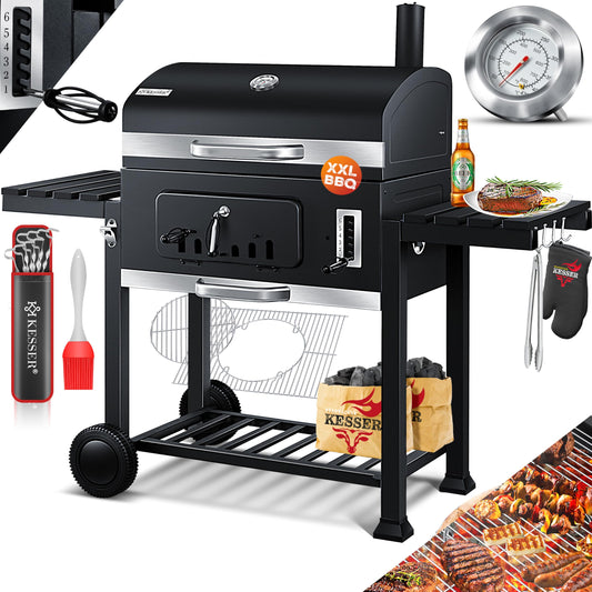 KESSER® Smoker XXL Holzkohlegrill – BBQ Grillwagen mit Deckel, Grillrost, Rädern, Thermometer & Zubehör