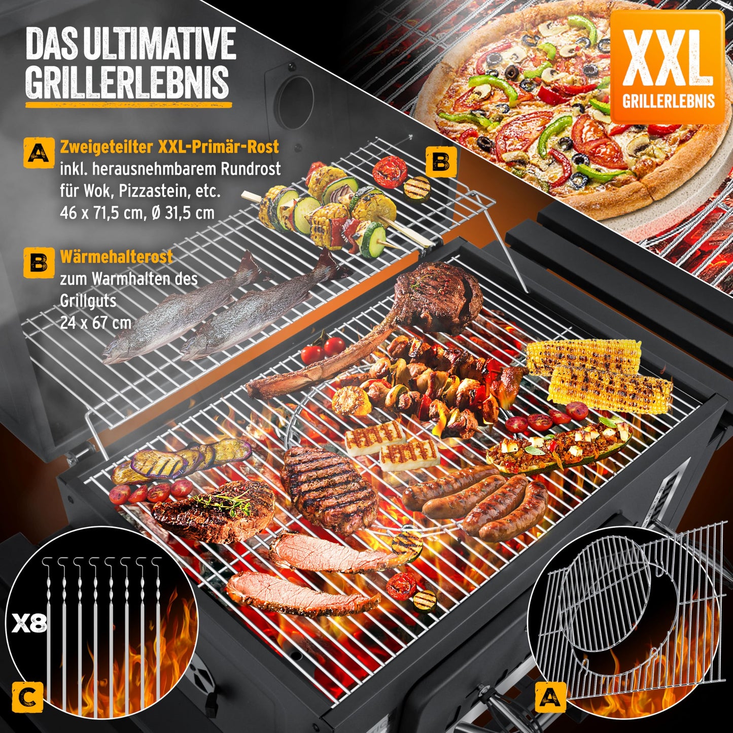 KESSER® Smoker XXL Holzkohlegrill – BBQ Grillwagen mit Deckel, Grillrost, Rädern, Thermometer & Zubehör